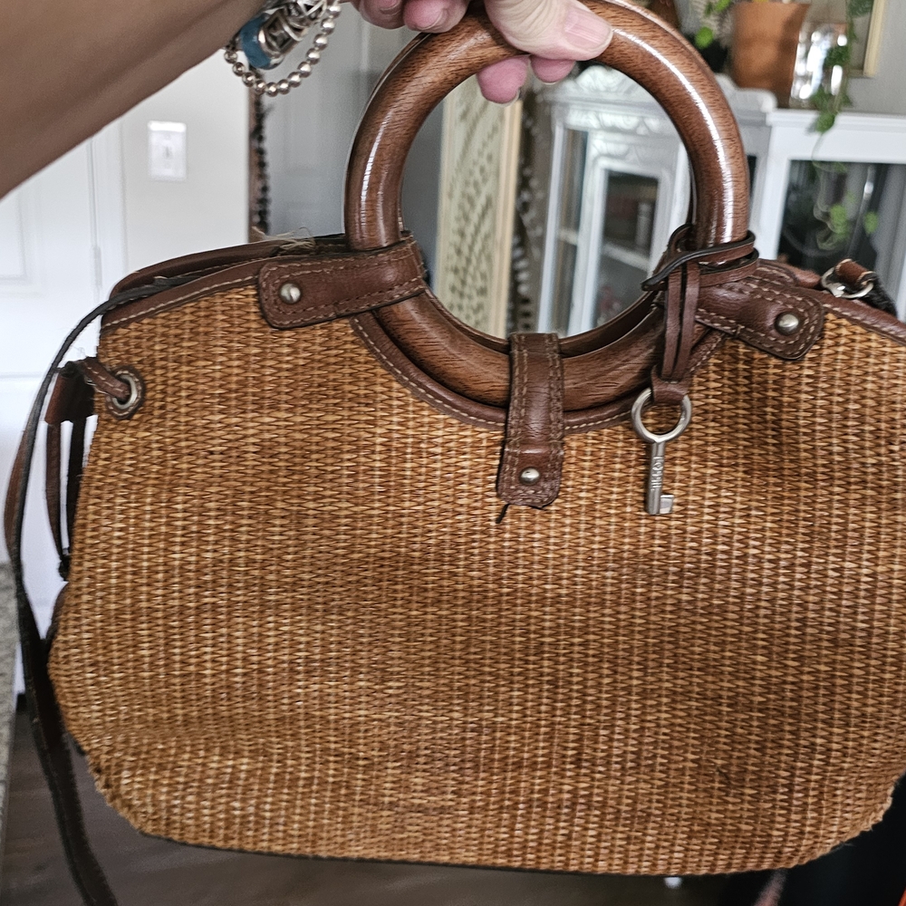 Fossil Tan Woven Satchel with Wooden Handles